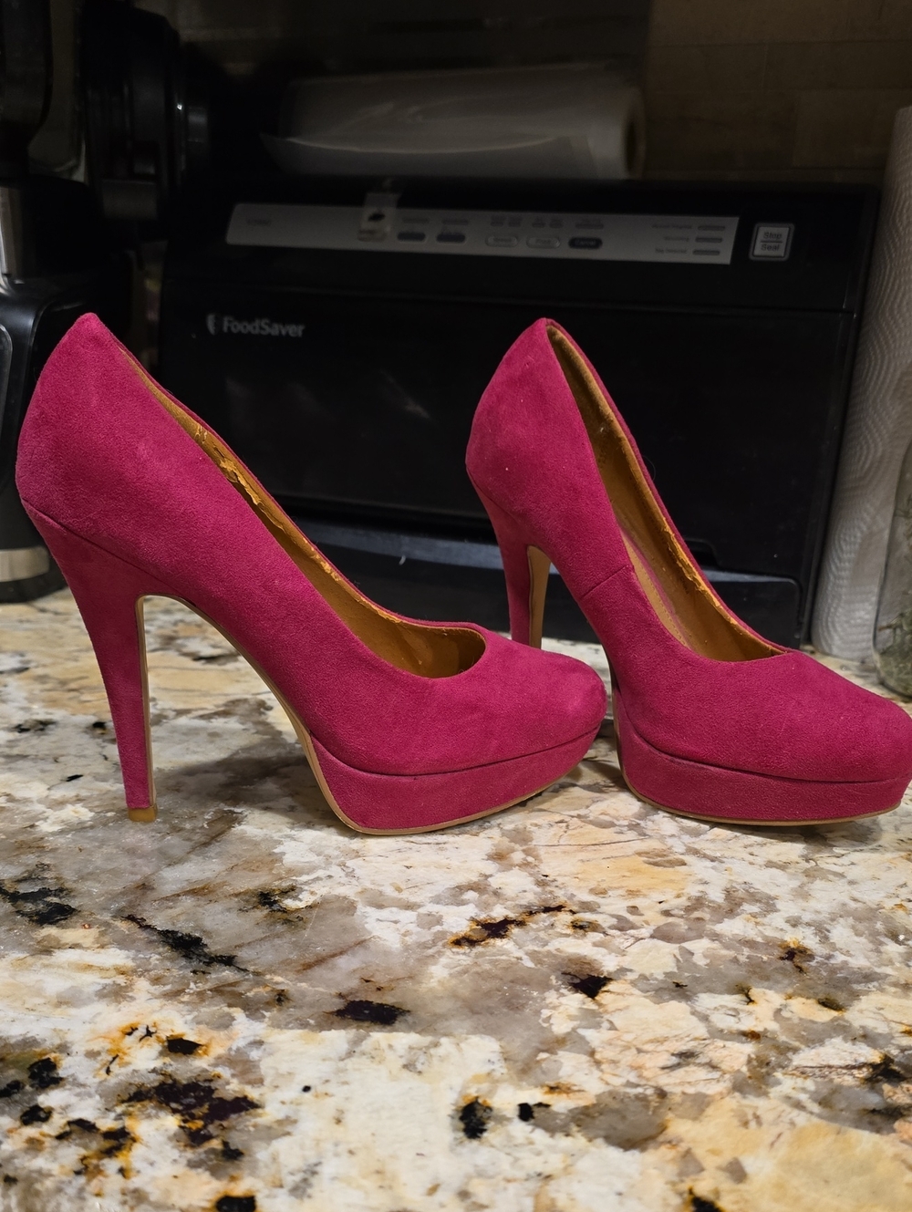 80s Hot Pink Faux Suede Platform Stilettos - UK4 -US6
